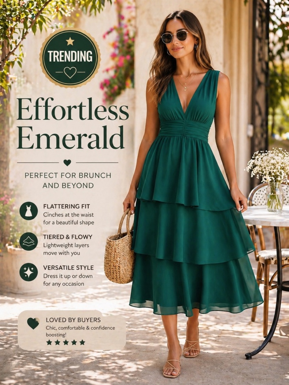 💚 Lulus Effortless Emerald Celebration Time Sleeveless Tiered Midi Dress